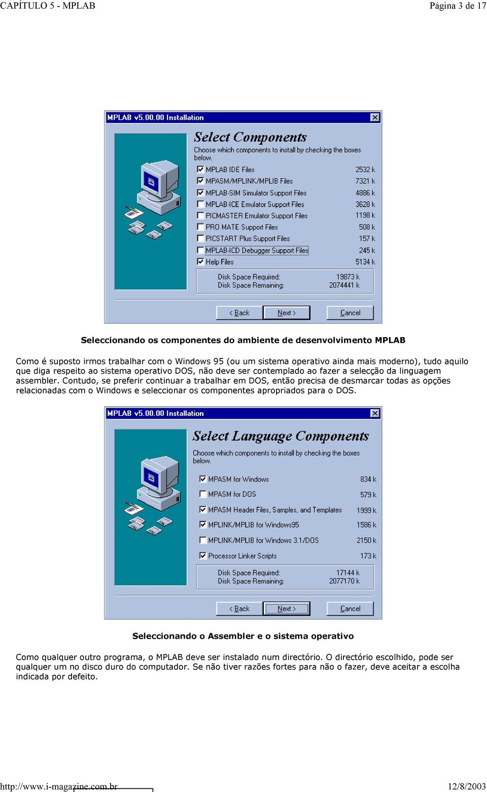 Contudo, se preferir continuar a trabalhar em DOS, então precisa de desmarcar todas as opções relacionadas com o Windows e seleccionar os componentes apropriados para o DOS.