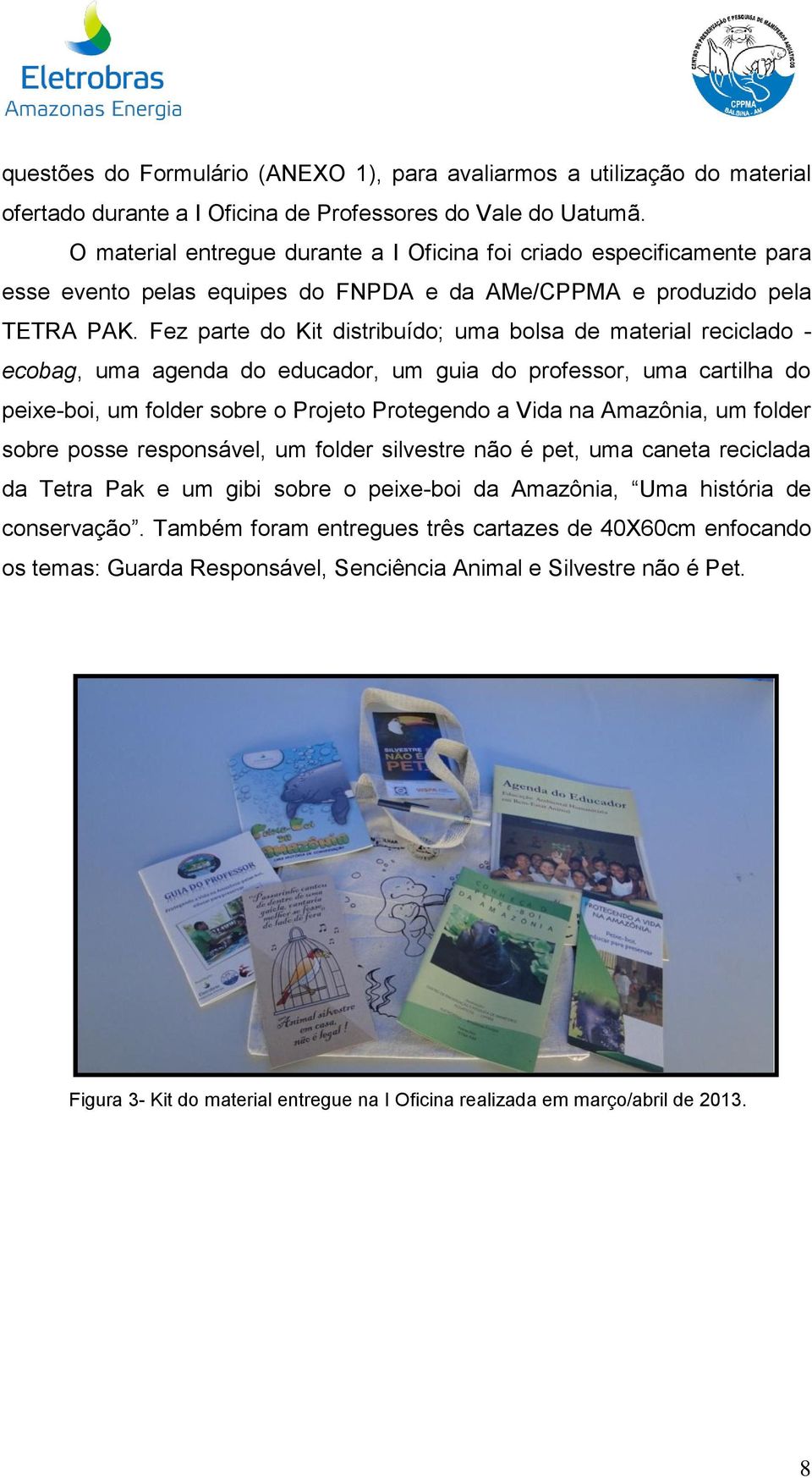 Fez parte do Kit distribuído; uma bolsa de material reciclado - ecobag, uma agenda do educador, um guia do professor, uma cartilha do peixe-boi, um folder sobre o Projeto Protegendo a Vida na