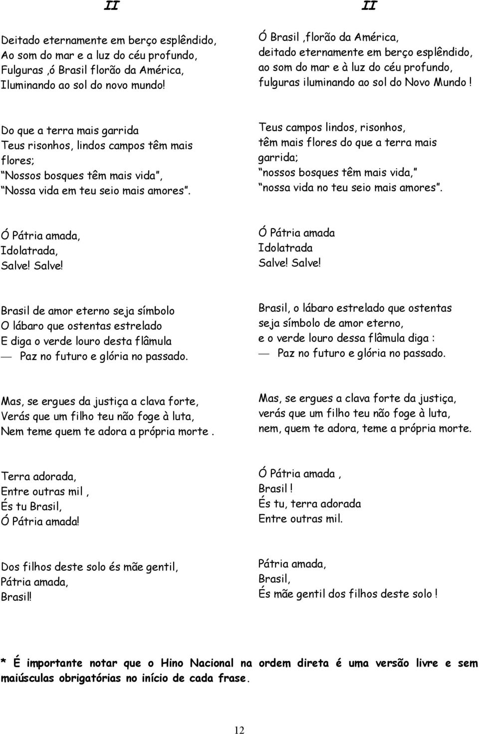 Do que a terra mais garrida Teus risonhos, lindos campos têm mais flores; Nossos bosques têm mais vida, Nossa vida em teu seio mais amores.