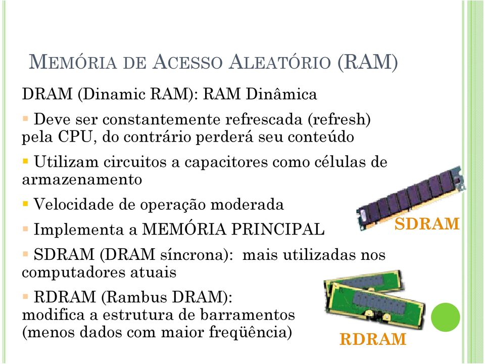 armazenamento Velocidade de operação moderada Implementa a MEMÓRIA PRINCIPAL SDRAM (DRAM síncrona): mais
