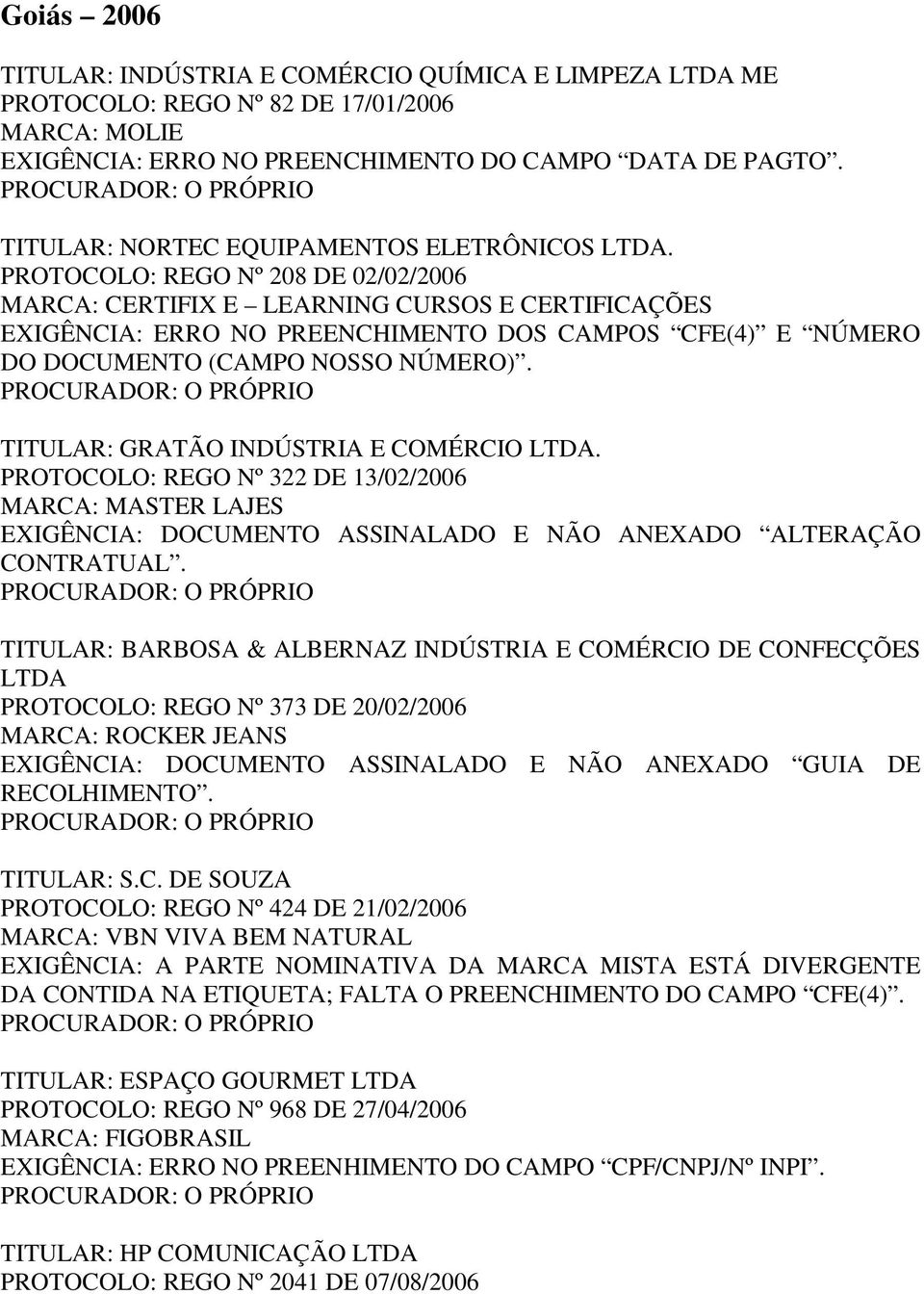 PROTOCOLO: REGO Nº 208 DE 02/02/2006 MARCA: CERTIFIX E LEARNING CURSOS E CERTIFICAÇÕES EXIGÊNCIA: ERRO NO PREENCHIMENTO DOS CAMPOS CFE(4) E NÚMERO DO DOCUMENTO (CAMPO NOSSO NÚMERO).