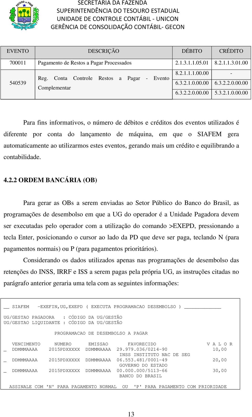 00 6.00 5.3.2.1.0.00.00 Para fins informativos, o número de débitos e créditos dos eventos utilizados é diferente por conta do lançamento de máquina, em que o SIAFEM gera automaticamente ao