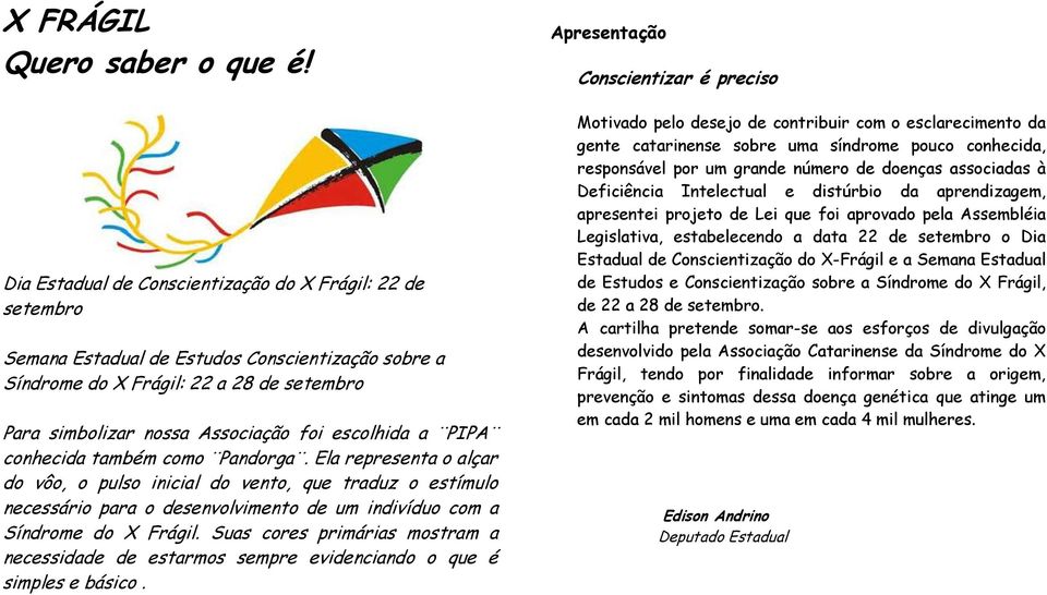 a PIPA conhecida também como Pandorga. Ela representa o alçar do vôo, o pulso inicial do vento, que traduz o estímulo necessário para o desenvolvimento de um indivíduo com a Síndrome do X Frágil.