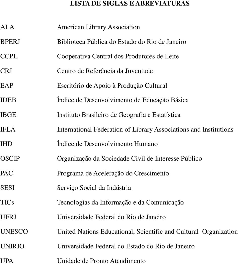 Estatística International Federation of Library Associations and Institutions Índice de Desenvolvimento Humano Organização da Sociedade Civil de Interesse Público Programa de Aceleração do