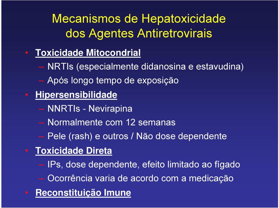 Nevirapina Normalmente com 12 semanas Pele (rash) e outros / Não dose dependente Toxicidade Direta
