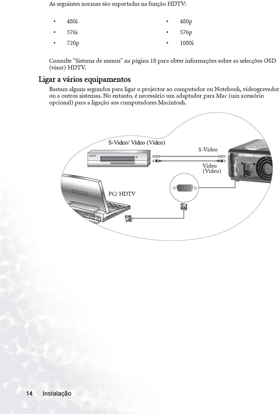 Ligar a vários equipamentos Bastam alguns segundos para ligar o projector ao computador ou Notebook, videogravador ou a outros