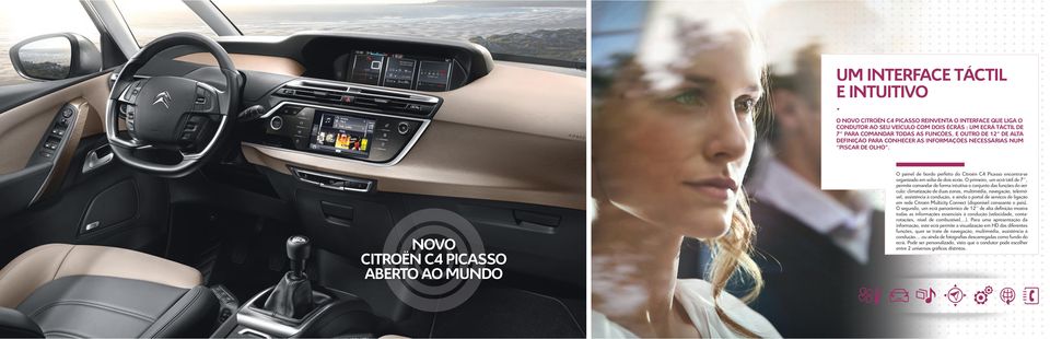 NOVO CITROËN C4 PICASSO ABeRTO AO MUNDO O painel de bordo perfeito do Citroën C4 Picasso encontra-se organizado em volta de dois ecrãs.