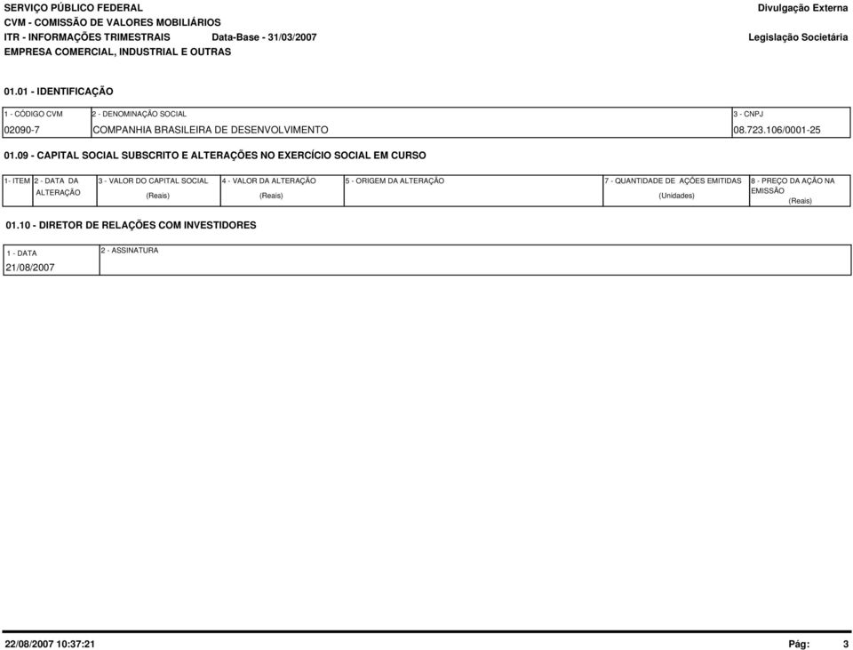 09 - CAPITAL SOCIAL SUBSCRITO E ALTERAÇÕES NO EXERCÍCIO SOCIAL EM CURSO 1- ITEM 2 - DATA DA ALTERAÇÃO 3 - VALOR DO CAPITAL SOCIAL (Reais) 4 - VALOR DA
