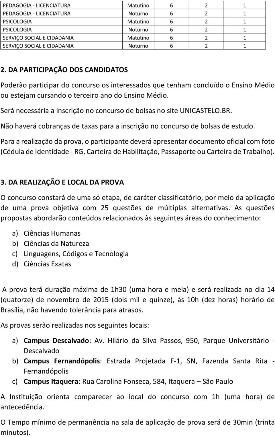 Será necessária a inscrição no concurso de bolsas no site UNICASTELO.BR. Não haverá cobranças de taxas para a inscrição no concurso de bolsas de estudo.