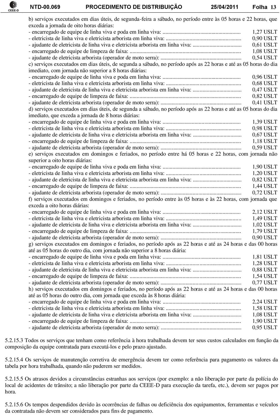 diárias: - encarregado de equipe de linha viva e poda em linha viva:... 1,27 USLT - eletricista de linha viva e eletricista arborista em linha viva:.