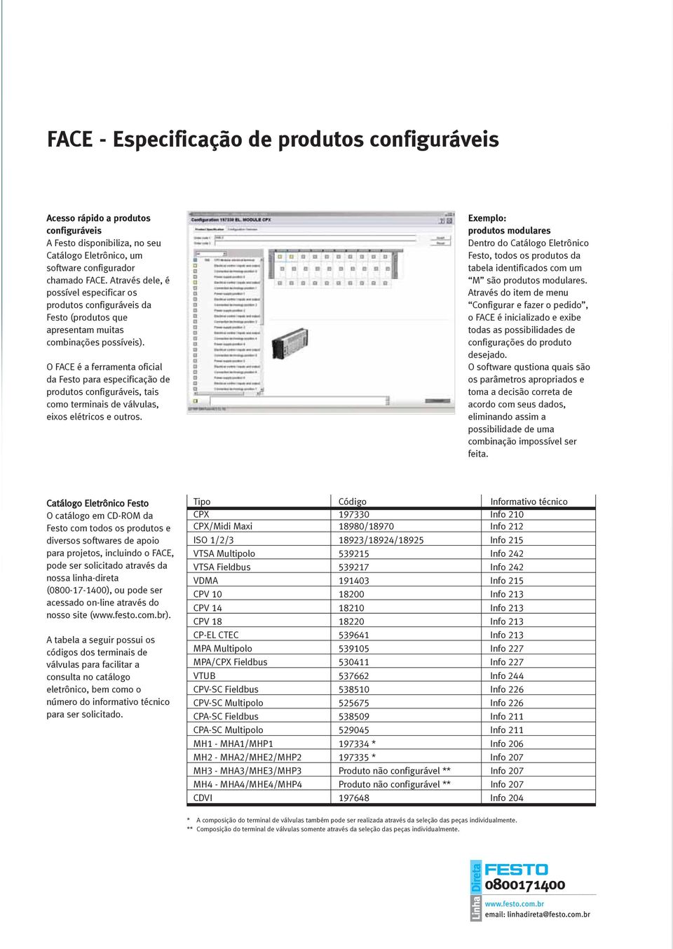 O FACE é a ferramenta oficial da Festo para especificação de produtos configuráveis, tais como terminais de válvulas, eixos elétricos e outros.