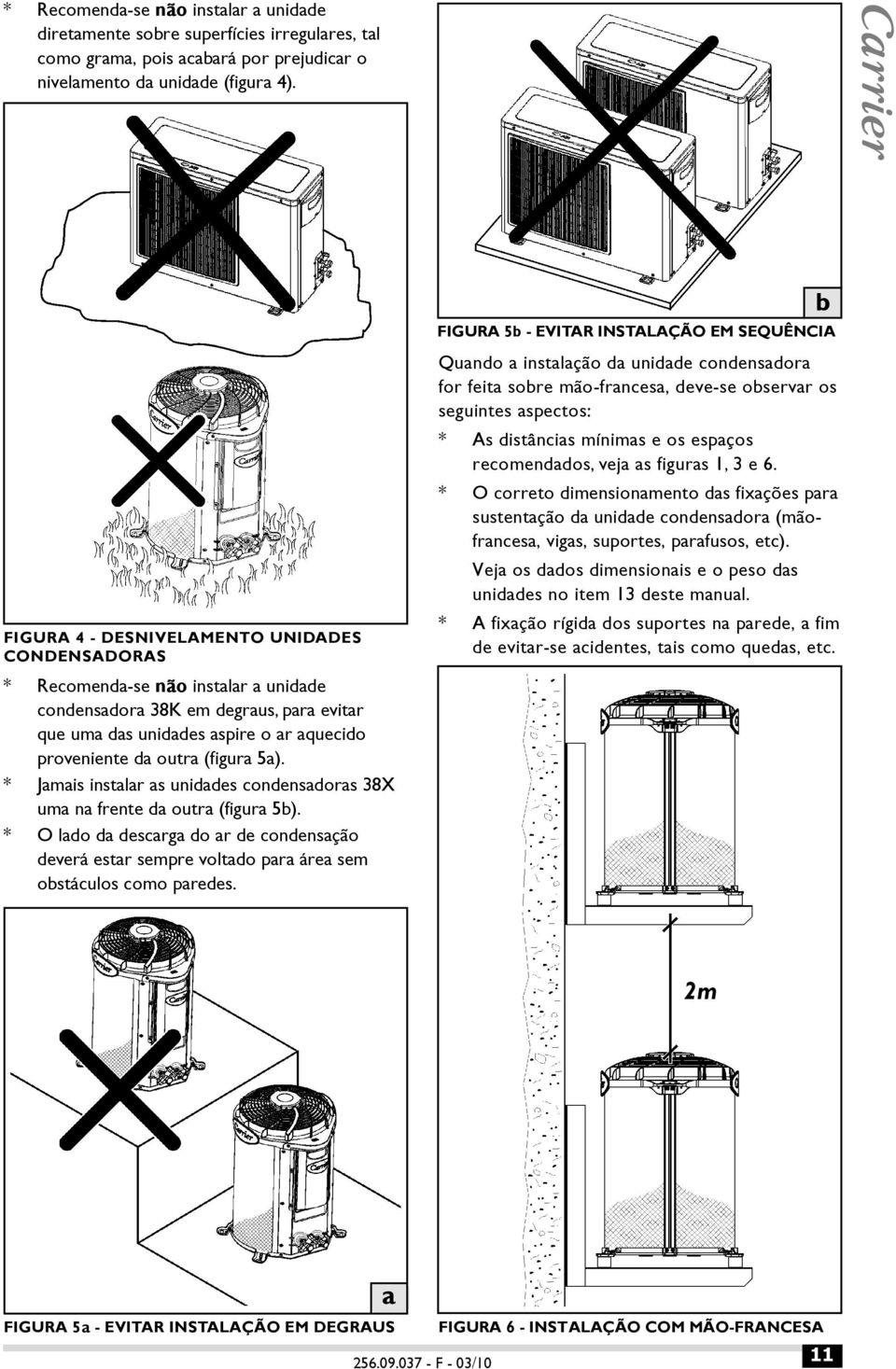 5a). * Jamais instalar as unidades condensadoras 38X uma na frente da outra (figura 5b). * O lado da descarga do ar de condensação deverá estar sempre voltado para área sem obstáculos como paredes.