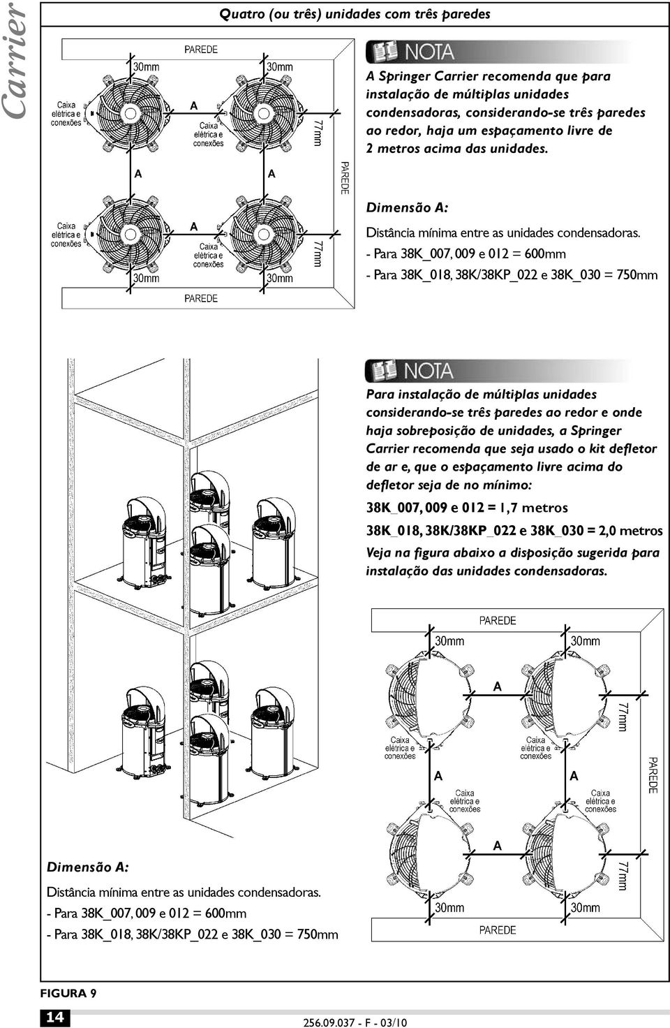 - Para 38K_007, 009 e 012 = 600mm - Para 38K_018, 38K/38KP_022 e 38K_030 = 750mm Para instalação de múltiplas unidades considerando-se três paredes ao redor e onde haja sobreposição de unidades, a