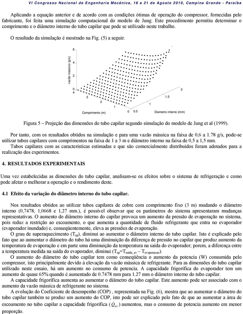 6 vazão massico (g/s) 4 4 3 Comprimento (m) 1.5 1 1.5 Diametro interno (mm) Figura 5 Projeção das dimensões do tubo capilar segundo simulação do modelo de Jung et al (1999).