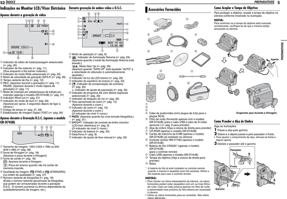 12) f REC: (Aparece durante a gravação) ( pág. 11) PAUSE: (Aparece durante o modo espera de gravação) ( pág.