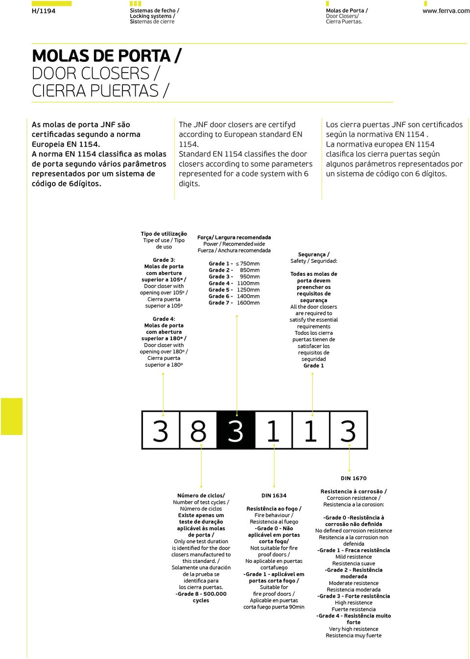 A norma EN 1154 classifica as molas de porta segundo vários parâmetros representados por um sistema de código de 6dígitos. The JNF door closers are certifyd according to European standard EN 1154.