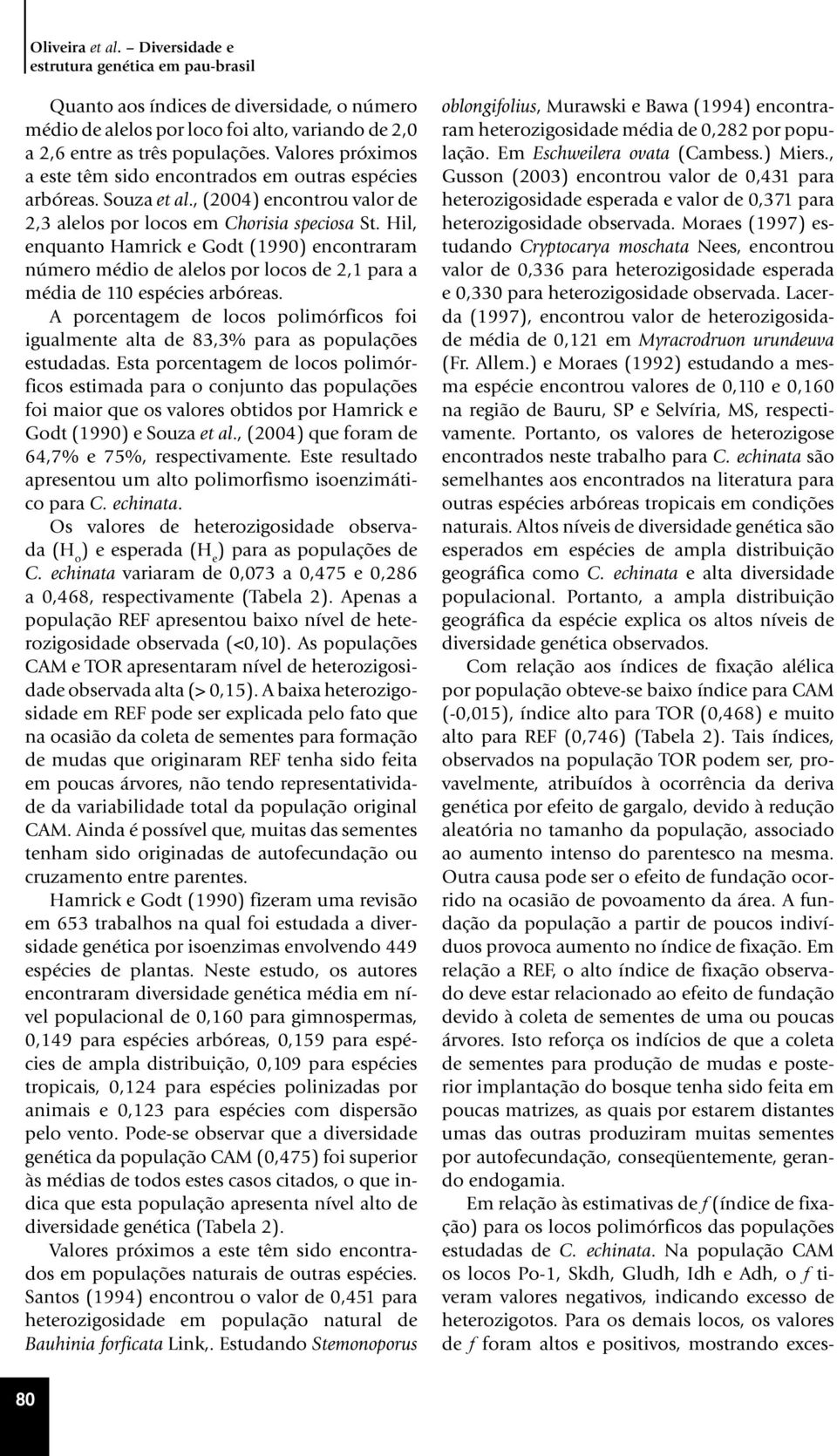 Hil, enquanto Hamrick e Godt (1990) encontraram número médio de alelos por locos de 2,1 para a média de 110 espécies arbóreas.