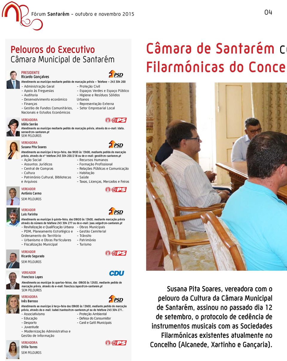 Representação Externa - Gestão de Fundos Comunitários, - Setor Empresarial Local Nacionais e Estudos Económicos Câmara de Santarém ce Filarmónicas do Concel VEREADORA Idália Serrão Atendimento ao