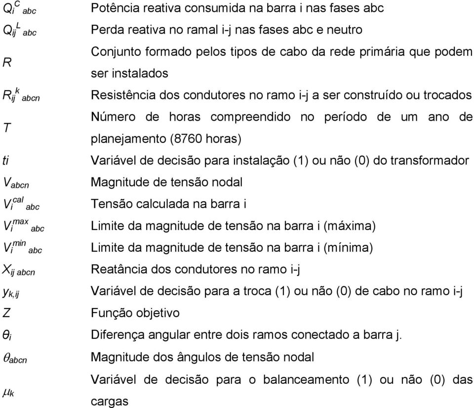 ano de planejamento (8760 horas) Variável de decisão para instalação (1) ou não (0) do transformador Magnitude de tensão nodal Tensão calculada na barra i Limite da magnitude de tensão na barra i