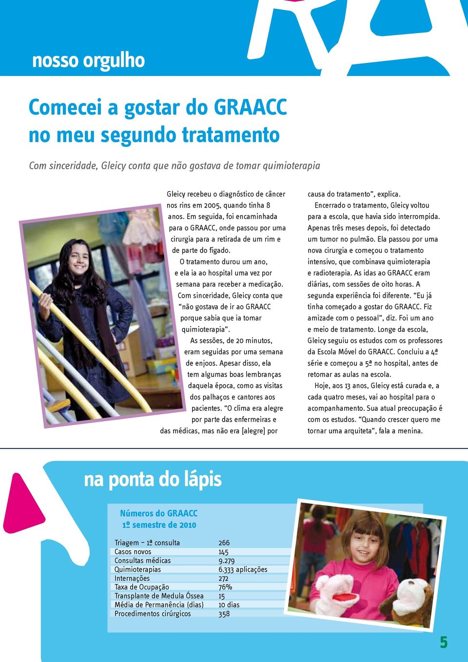 O tratamento durou um ano, e ela ia ao hospital uma vez por semana para receber a medicação. Com sinceridade, Gleicy conta que não gostava de ir ao GRAACC porque sabia que ia tomar quimioterapia.