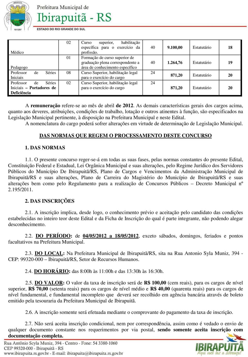 para o exercício do cargo 40 9.100,00 Estatutário 18 40 1.264,76 Estatutário 19 24 871,20 Estatutário 20 24 871,20 Estatutário 20 A remuneração refere-se ao mês de abril de 2012.