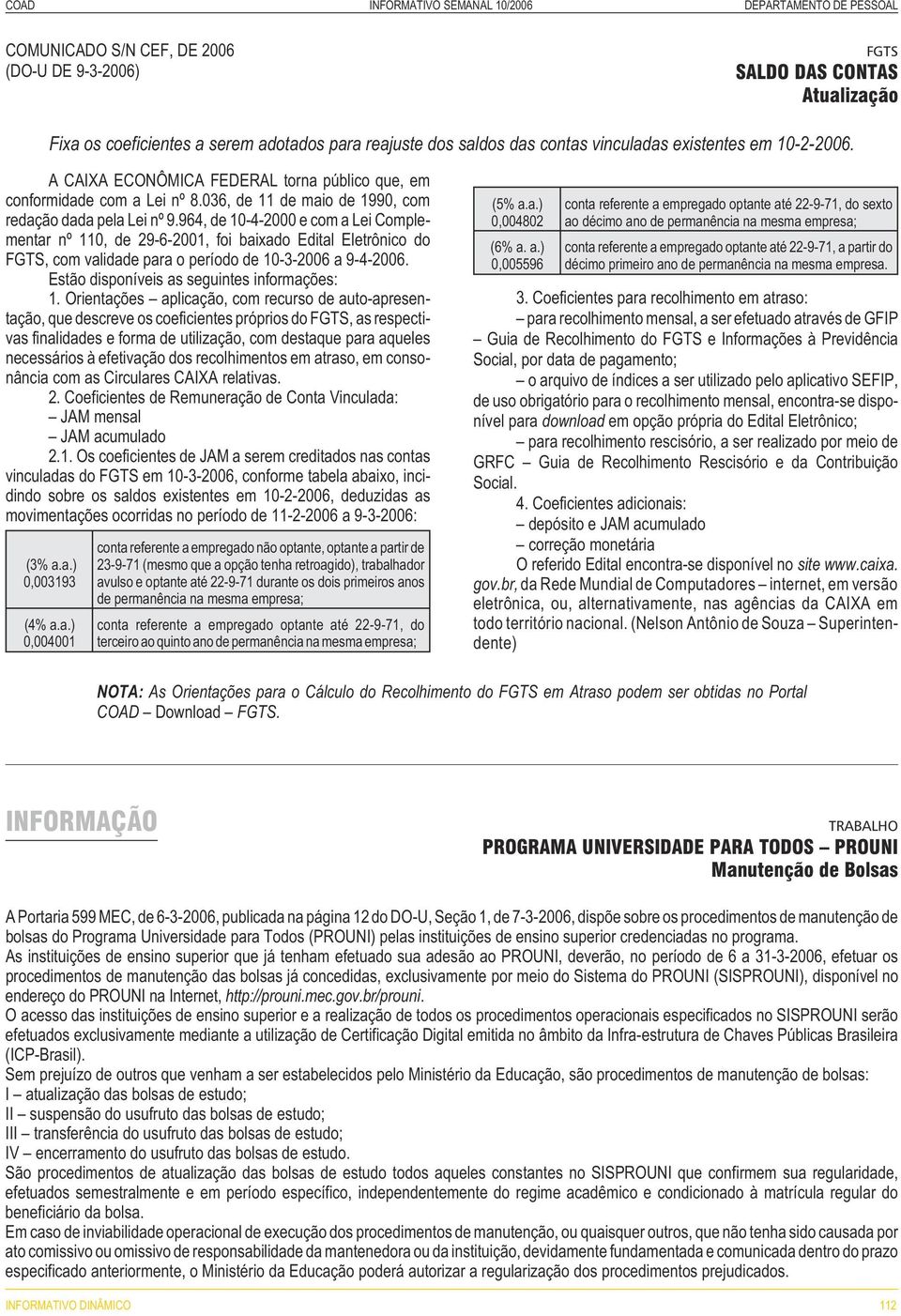 964, de 10-4-2000 e com a Lei Complementar nº 110, de 29-6-2001, foi baixado Edital Eletrônico do FGTS, com validade para o período de 10-3-2006 a 9-4-2006.