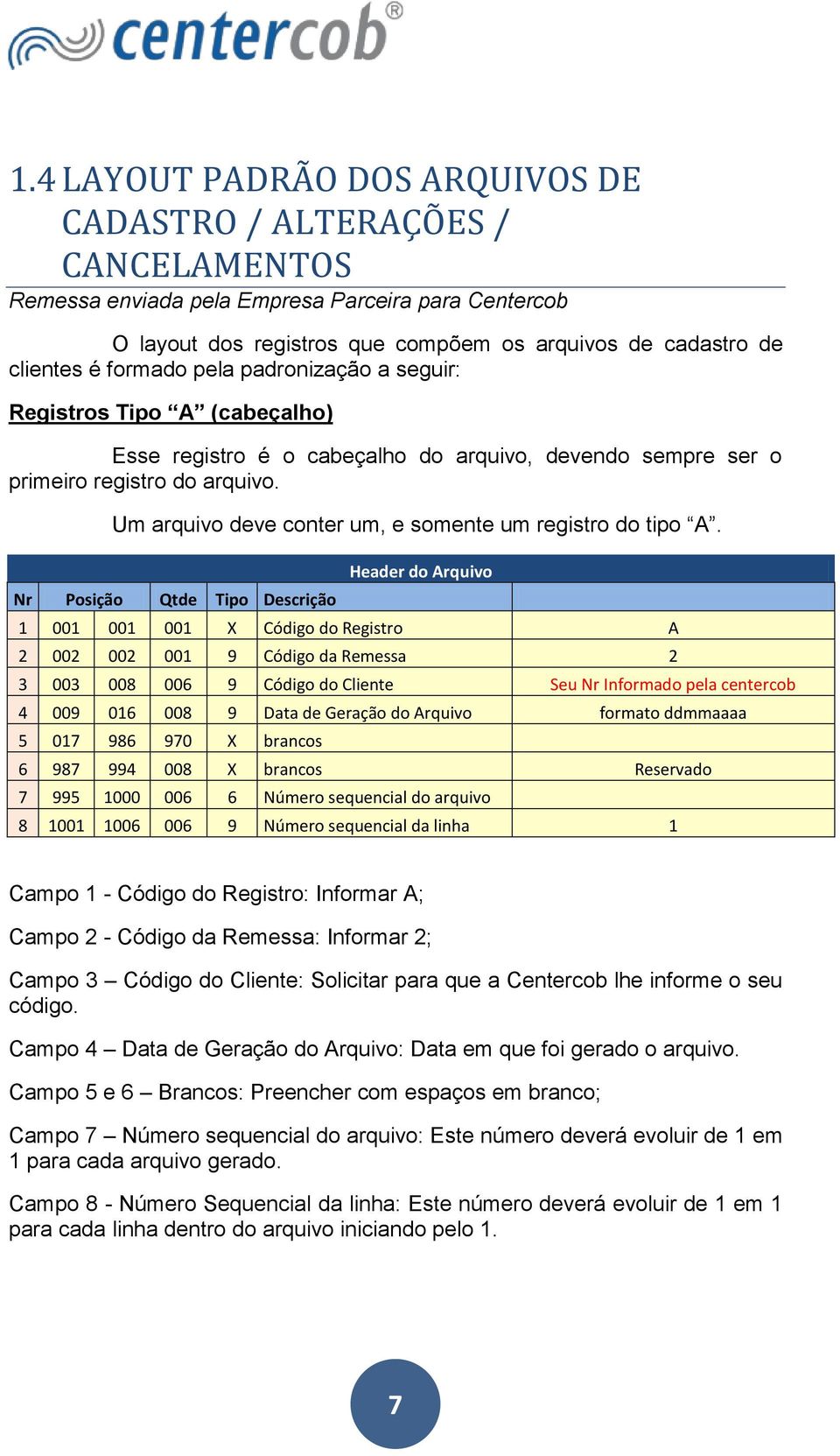 Um arquivo deve conter um, e somente um registro do tipo A.