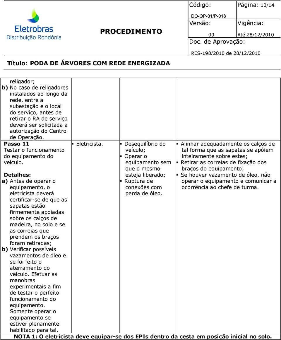 a) Antes de operar o equipamento, o eletricista deverá certificar-se de que as sapatas estão firmemente apoiadas sobre os calços de madeira, no solo e se as correias que prendem os braços foram