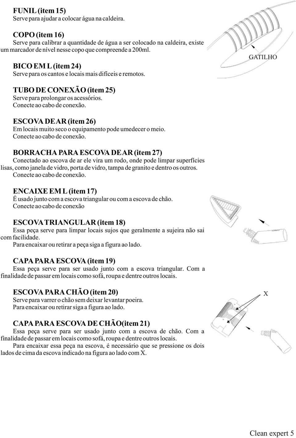 BICO EM L (item 24) Serve para os cantos e locais mais difíceis e remotos. GATILHO TUBO DE CONEXÃO (item 25) Serve para prolongar os acessórios. Conecte ao cabo de conexão.