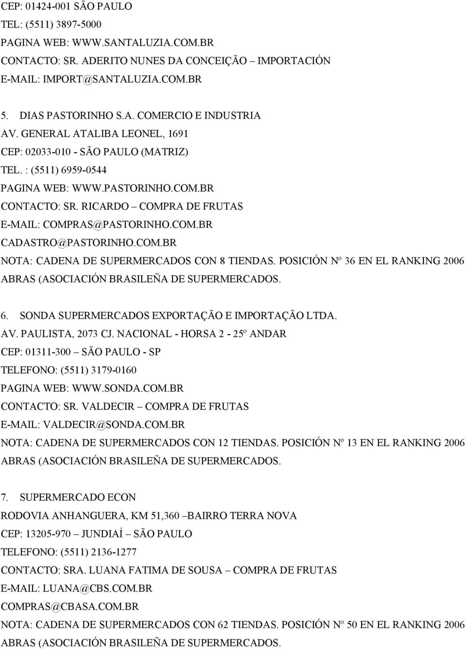 COM.BR NOTA: CADENA DE SUPERMERCADOS CON 8 TIENDAS. POSICIÓN Nº 36 EN EL RANKING 2006 ABRAS (ASOCIACIÓN BRASILEÑA DE SUPERMERCADOS. 6. SONDA SUPERMERCADOS EXPORTAÇÃO E IMPORTAÇÃO LTDA. AV.