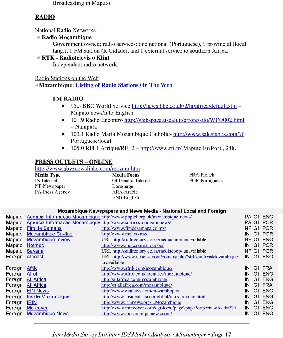 5 BBC World Service http://news.bbc.co.uk/2/hi/africa/default.stm Maputo news/info-english 101.9 Radio Encontro http://webspace.tiscali.it/errore/sito/win/002.html Nampula 103.