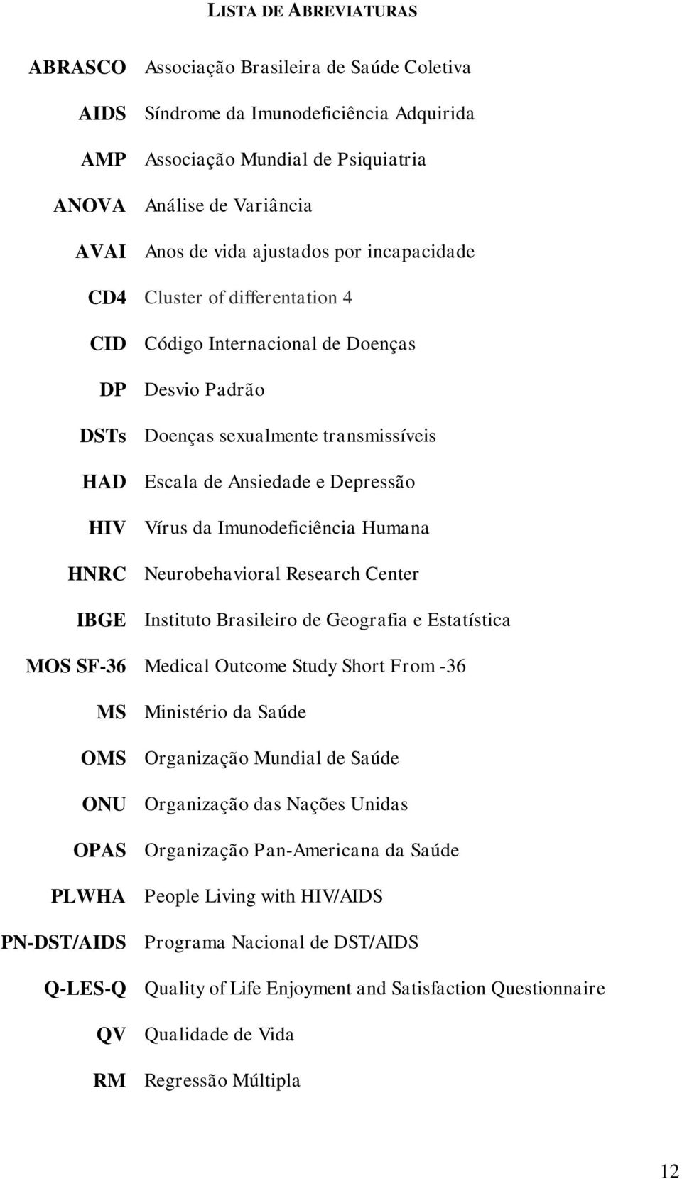 da Imunodeficiência Humana HNRC Neurobehavioral Research Center IBGE Instituto Brasileiro de Geografia e Estatística MOS SF-36 Medical Outcome Study Short From -36 MS Ministério da Saúde OMS