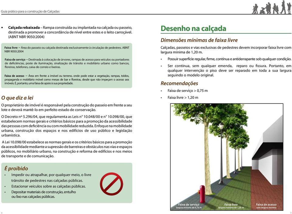 ABNT NBR 9050:2004 Faixa de serviço Destinada à colocação de árvores, rampas de acesso para veículos ou portadores de deficiências, poste de iluminação, sinalização de trânsito e mobiliário urbano