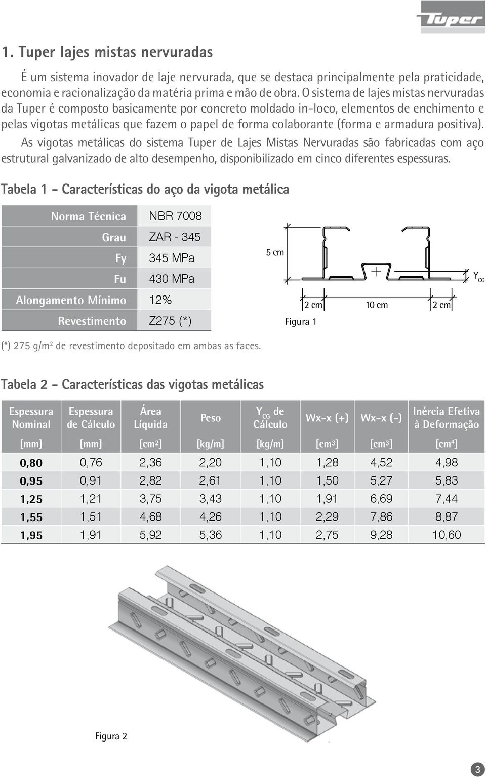 armadura positiva). As vigotas metálicas do sistema Tuper de Lajes Mistas Nervuradas são fabricadas com aço estrutural galvanizado de alto desempenho, disponibilizado em cinco diferentes espessuras.