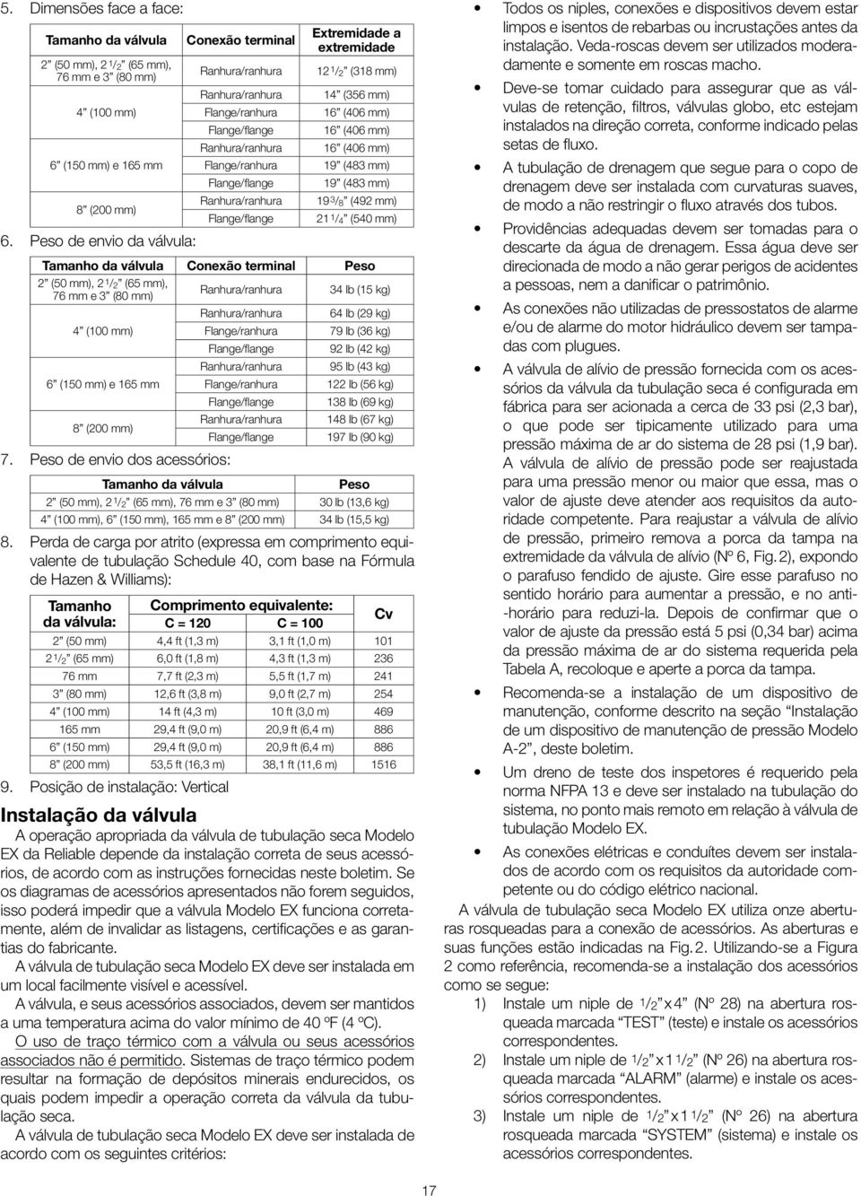 extremidade 2 / 2 (38 mm) 4 (356 mm) 6 (406 mm) 6 (406 mm) 6 (406 mm) 9 (483 mm) 9 (483 mm) 9 3 / 8 (492 mm) 2 / 4 (540 mm) Tamanho da válvula Conexão terminal Peso 2 (50 mm), 2 / 2 (65 mm), 76 mm e