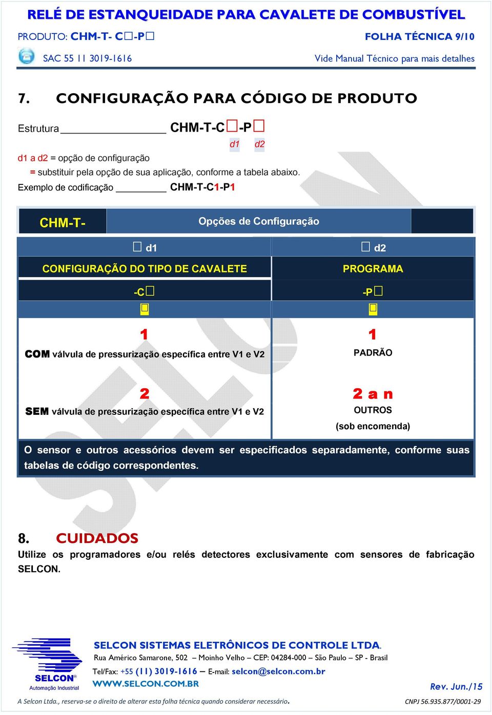 Exemplo de codificação CHM-T-C1-P1 CHM-T- Opções de Configuração d1 CONFIGURAÇÃO DO TIPO DE CAVALETE -C d2 PROGRAMA -P 1 1 COM válvula de pressurização específica entre V1 e