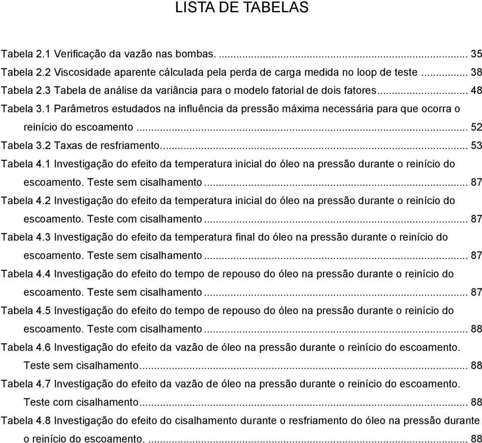 .. 52 Tabela 3.2 Taxas de resfriamento... 53 Tabela 4.1 Investigação do efeito da temperatura inicial do óleo na pressão durante o reinício do escoamento. Teste sem cisalhamento... 87 Tabela 4.