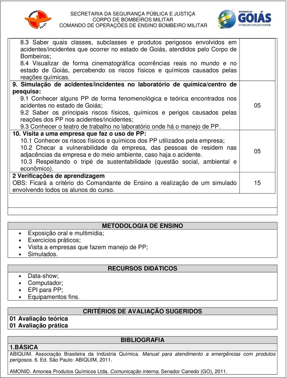 Simulação de acidentes/incidentes no laboratório de química/centro de pesquisa: 9.1 Conhecer alguns PP de forma fenomenológica e teórica encontrados nos acidentes no estado de Goiás; 9.