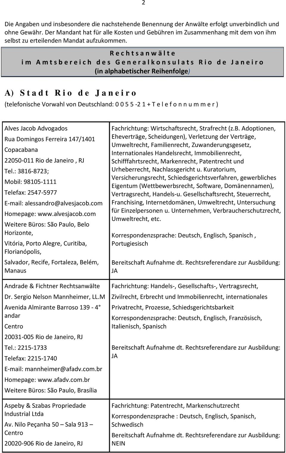 R e c h t s a n w ä l t e i m A m t s b e r e i c h d e s G e n e r a l k o n s u l a t s R i o d e J a n e i r o (in alphabetischer Reihenfolge) A) S t a d t R i o d e J a n e i r o (telefonische