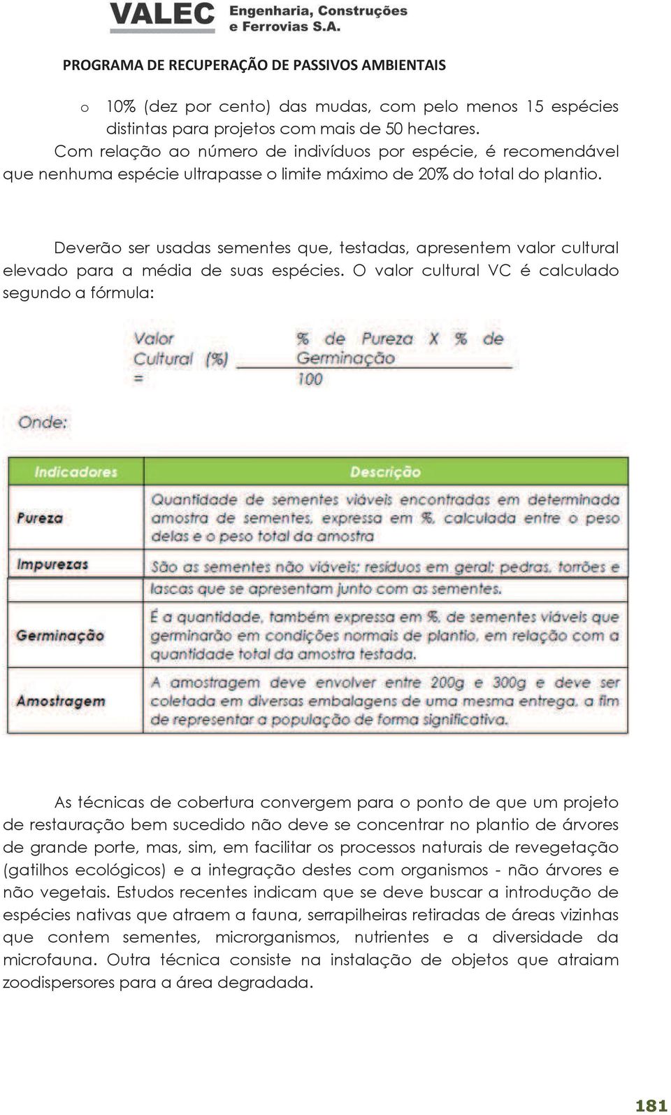 Deverão ser usadas sementes que, testadas, apresentem valor cultural elevado para a média de suas espécies.