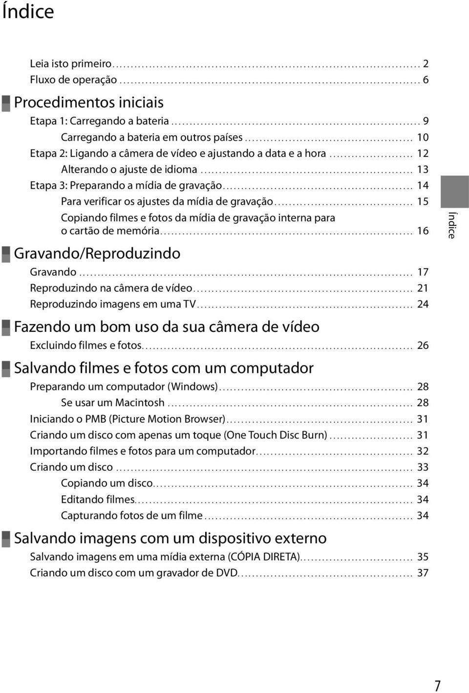 .. 14 Para verificar os ajustes da mídia de gravação... 15 Copiando filmes e fotos da mídia de gravação interna para o cartão de memória... 16 Gravando/Reproduzindo Gravando.