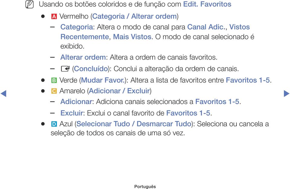 E (Concluído): Conclui a alteração da ordem de canais. b Verde (Mudar Favor.): Altera a lista de favoritos entre Favoritos 1-5.