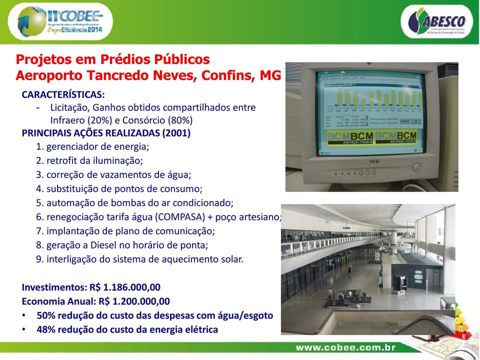 automação de bombas do ar condicionado; 6. renegociação tarifa água (COMPASA) + poço artesiano; 7. implantação de plano de comunicação; 8.