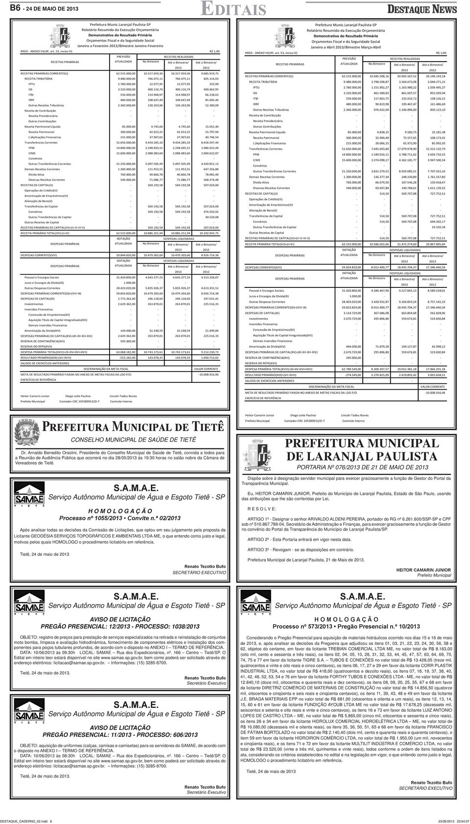 - ANEXO VI(LRF, art. 53, inciso III) R$ 1,00 RECEITAS PRIMÁRIAS PREVISÃO ATUALIZADA No Bimestre RECEITAS REALIZADAS Até o Bimestre/ Até o Bimestre/ 2013 2012 RECEITAS PRIMÁRIAS CORRENTES(I) 62.515.