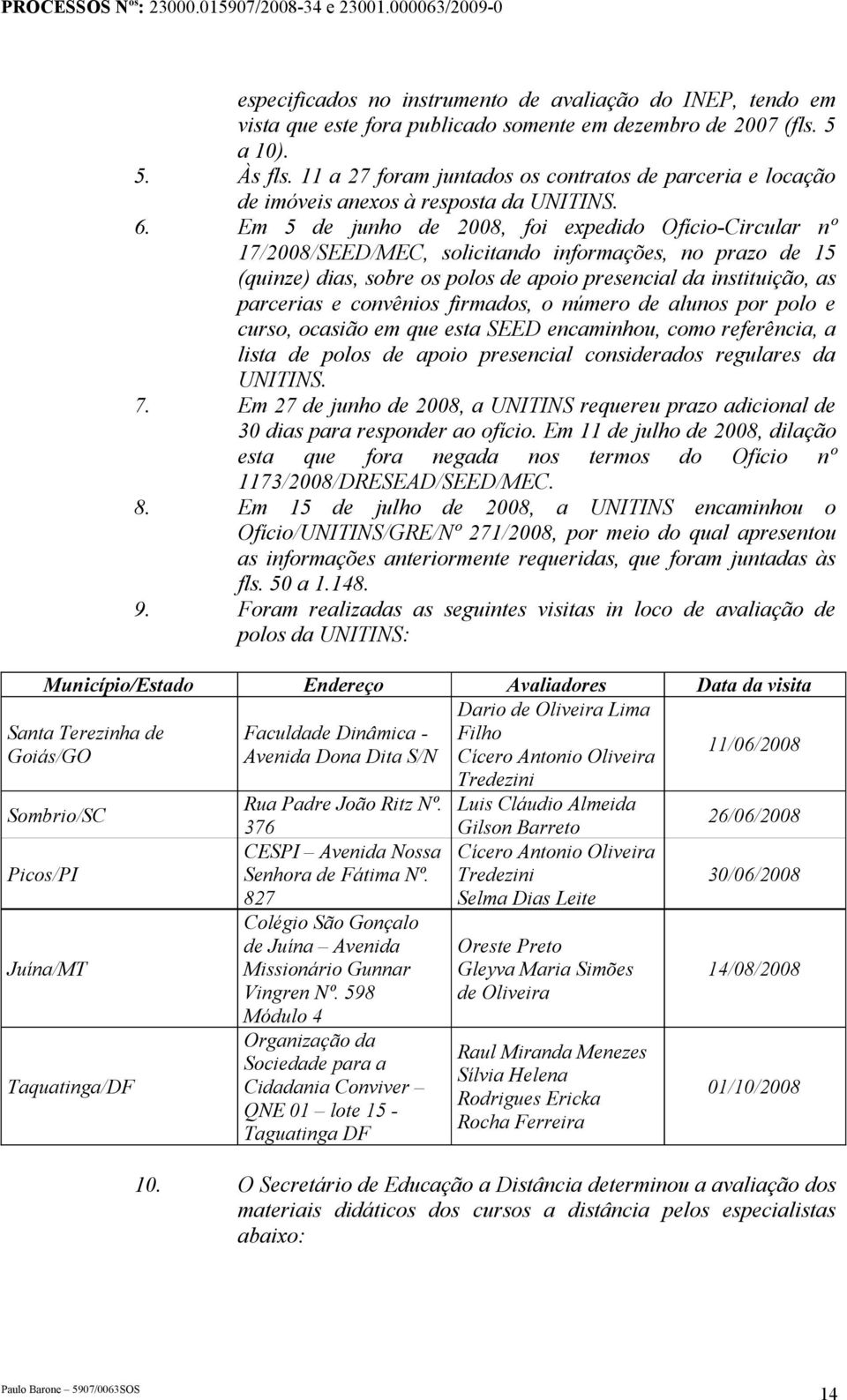 Em 5 de junho de 2008, foi expedido Ofício-Circular nº 17/2008/SEED/MEC, solicitando informações, no prazo de 15 (quinze) dias, sobre os polos de apoio presencial da instituição, as parcerias e