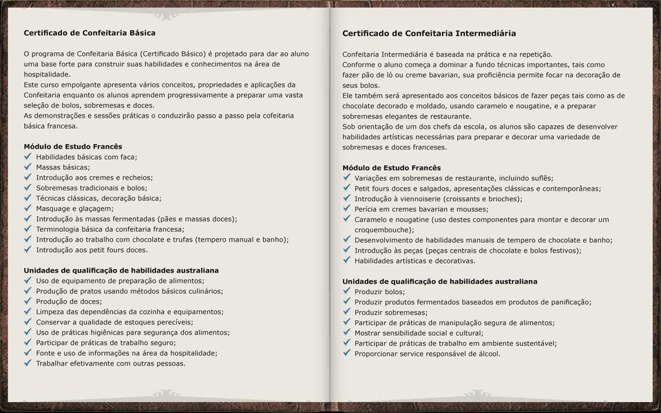 Este curso empolgante apresenta vários conceitos, propriedades e aplicações da Confeitaria enquanto os alunos aprendem progressivamente a preparar uma vasta seleção de bolos, sobremesas e doces.