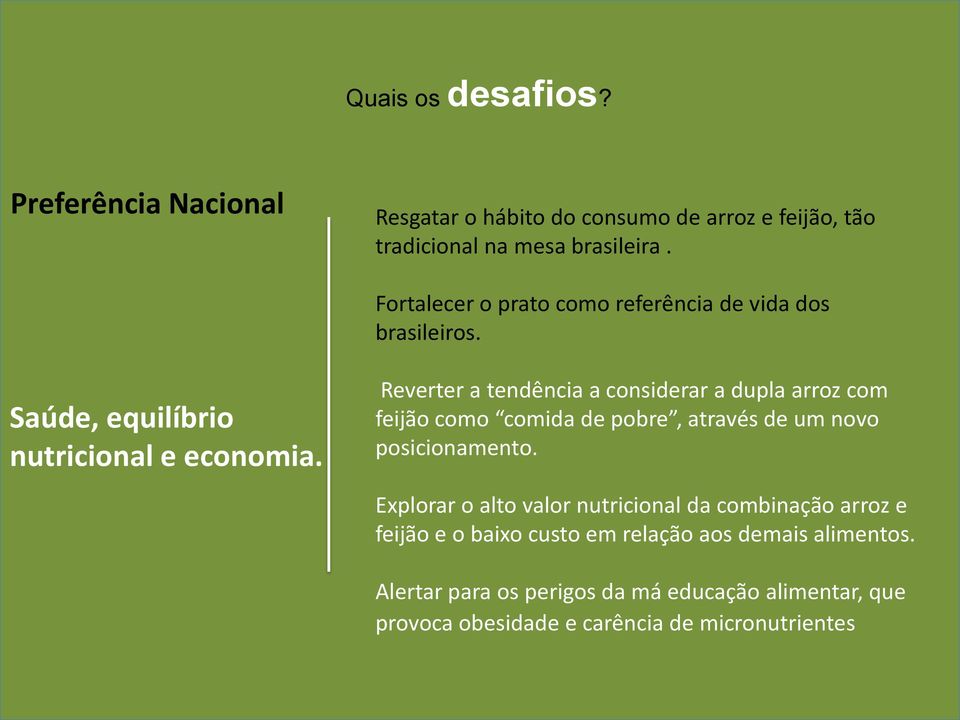 Reverter a tendência a considerar a dupla arroz com feijão como comida de pobre, através de um novo posicionamento.