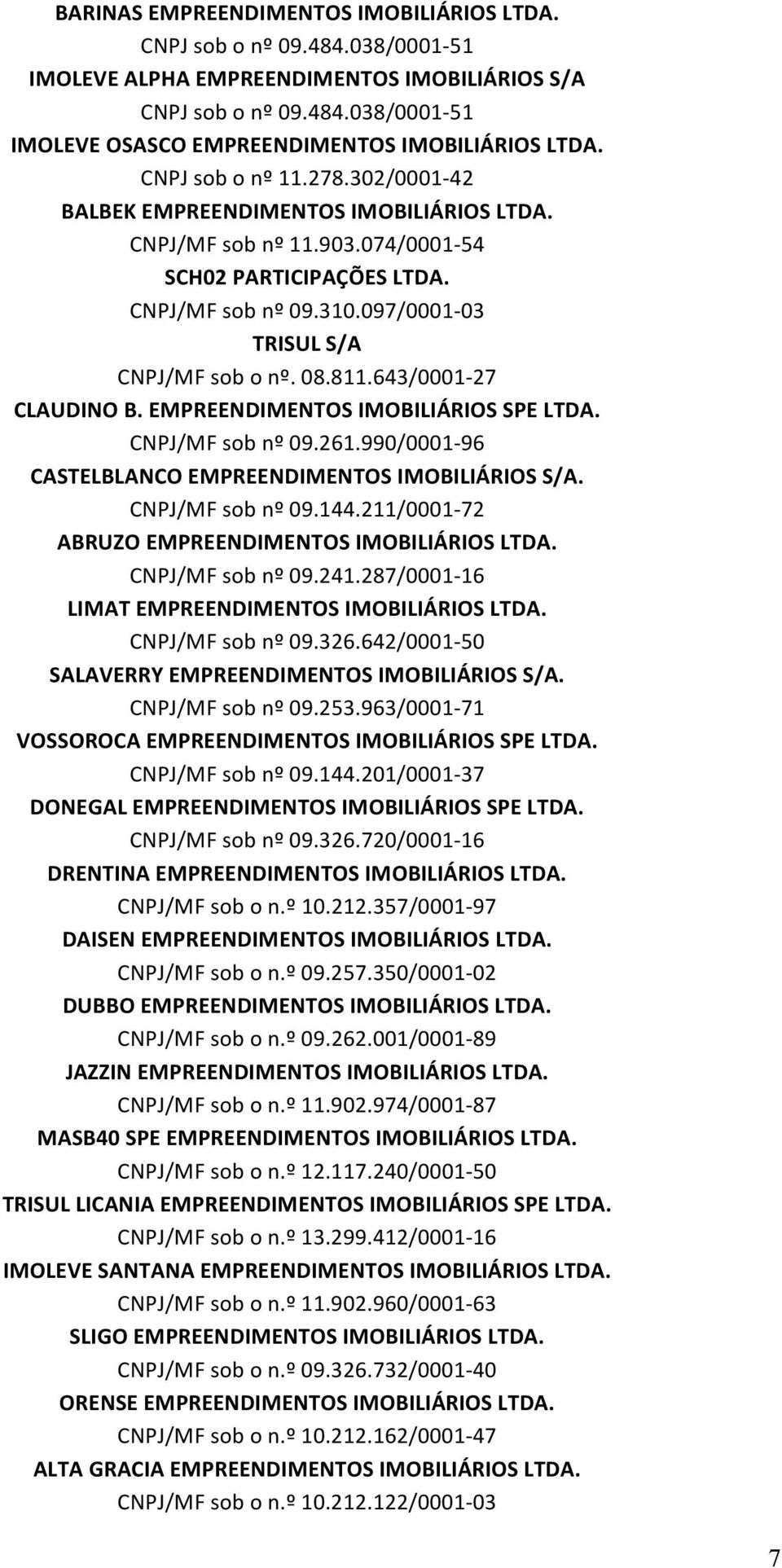 08.811.643/0001-27 CLAUDINO B. EMPREENDIMENTOS IMOBILIÁRIOS SPE LTDA. CNPJ/MF sob nº 09.261.990/0001-96 CASTELBLANCO EMPREENDIMENTOS IMOBILIÁRIOS S/A. CNPJ/MF sob nº 09.144.