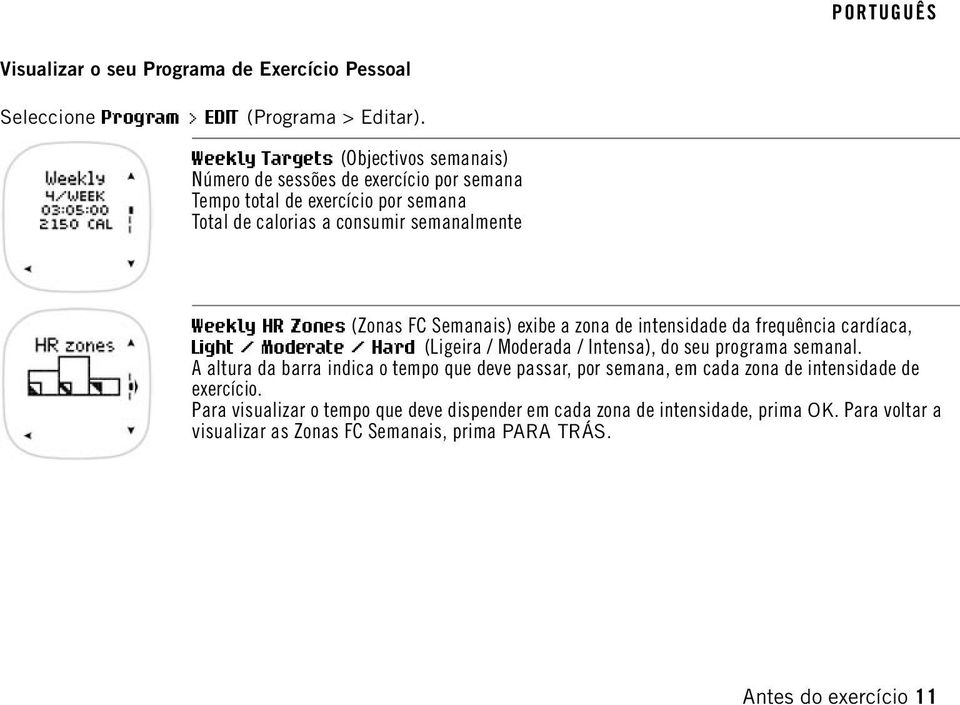 (Zonas FC Semanais) exibe a zona de intensidade da frequência cardíaca, Light / Moderate / Hard (Ligeira / Moderada / Intensa), do seu programa semanal.