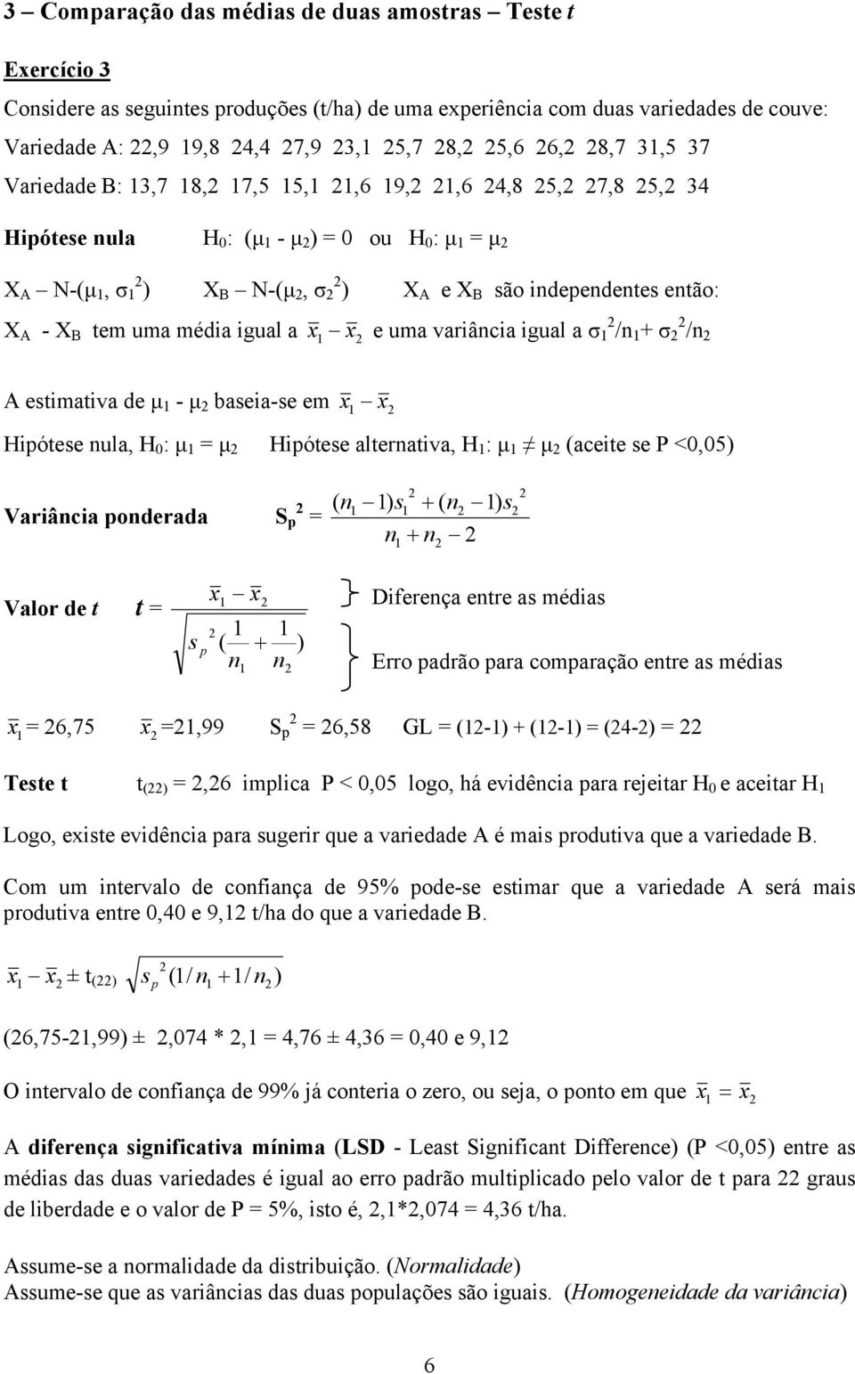 tem uma média igual a x1 x e uma variância igual a σ 1 /n 1 + σ /n A estimativa de μ 1 - μ baseia-se em x1 x Hipótese nula, H 0 : μ 1 = μ Hipótese alternativa, H 1 : μ 1 μ (aceite se P <0,05)